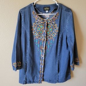 Bob Mackie Wearable Art Embroidered Denim Shirt Jacket, Large